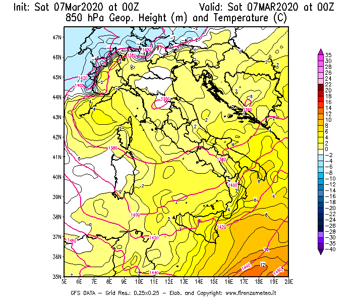 Mappa di analisi GFS - Geopotenziale [m] e Temperatura [°C] a 850 hPa in Italia
							del 07/03/2020 00 <!--googleoff: index-->UTC<!--googleon: index-->
