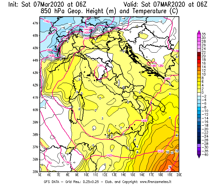 Mappa di analisi GFS - Geopotenziale [m] e Temperatura [°C] a 850 hPa in Italia
							del 07/03/2020 06 <!--googleoff: index-->UTC<!--googleon: index-->