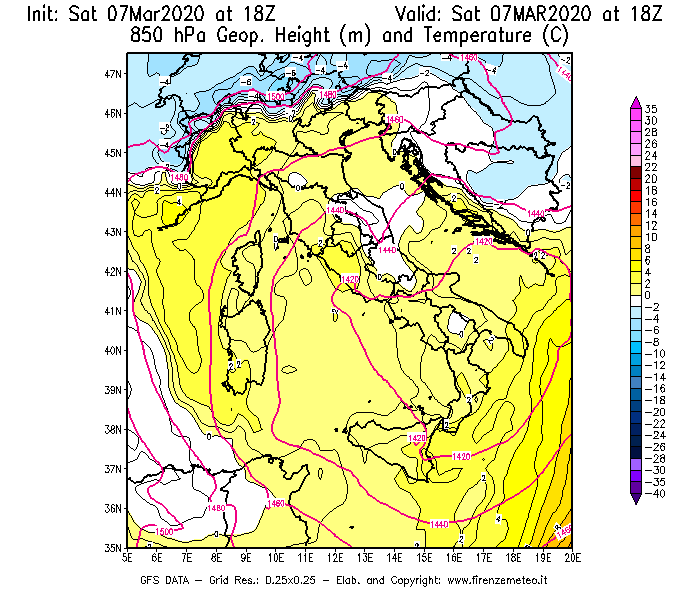 Mappa di analisi GFS - Geopotenziale [m] e Temperatura [°C] a 850 hPa in Italia
							del 07/03/2020 18 <!--googleoff: index-->UTC<!--googleon: index-->