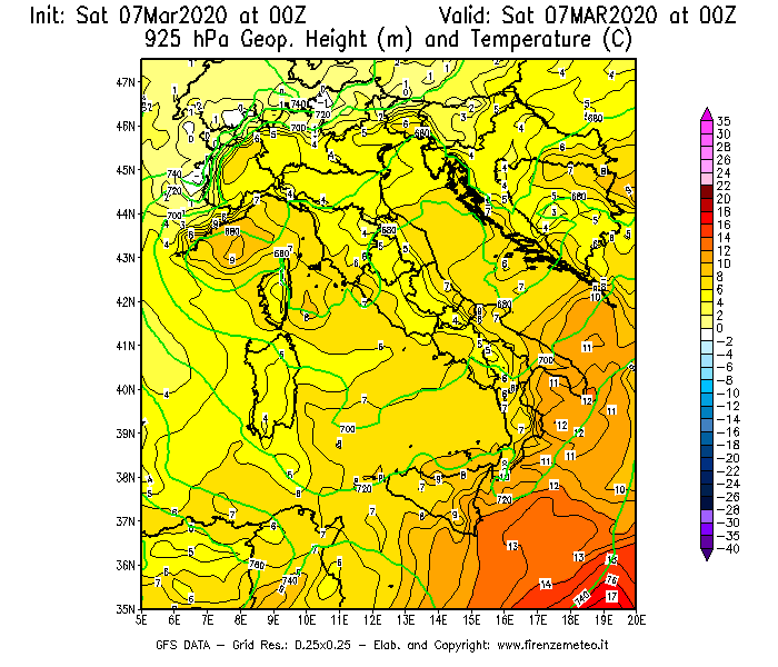 Mappa di analisi GFS - Geopotenziale [m] e Temperatura [°C] a 925 hPa in Italia
							del 07/03/2020 00 <!--googleoff: index-->UTC<!--googleon: index-->