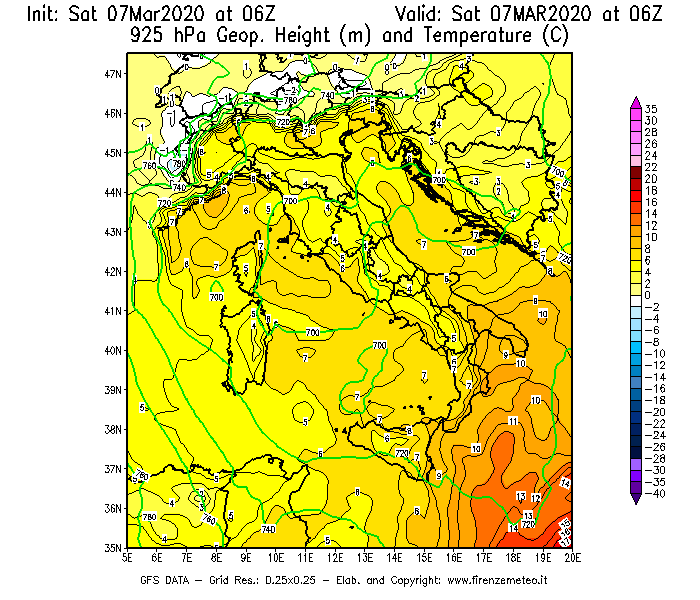 Mappa di analisi GFS - Geopotenziale [m] e Temperatura [°C] a 925 hPa in Italia
							del 07/03/2020 06 <!--googleoff: index-->UTC<!--googleon: index-->