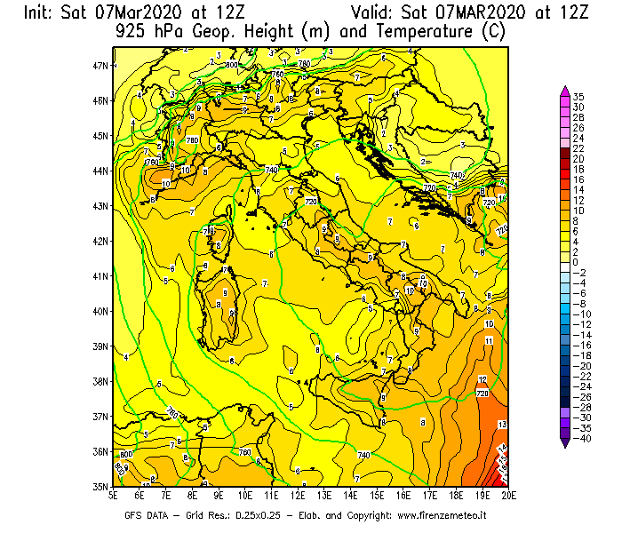 Mappa di analisi GFS - Geopotenziale [m] e Temperatura [°C] a 925 hPa in Italia
							del 07/03/2020 12 <!--googleoff: index-->UTC<!--googleon: index-->