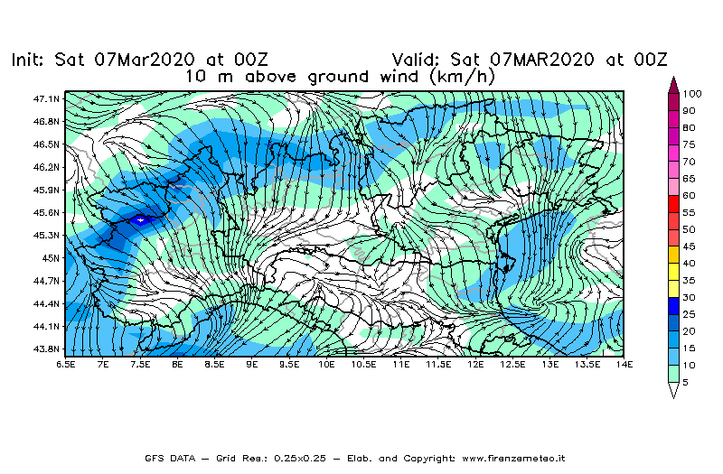 Mappa di analisi GFS - Velocità del vento a 10 metri dal suolo [km/h] in Nord-Italia
							del 07/03/2020 00 <!--googleoff: index-->UTC<!--googleon: index-->
