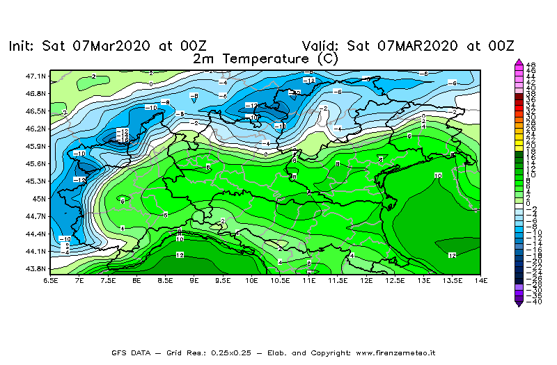 Mappa di analisi GFS - Temperatura a 2 metri dal suolo [°C] in Nord-Italia
							del 07/03/2020 00 <!--googleoff: index-->UTC<!--googleon: index-->