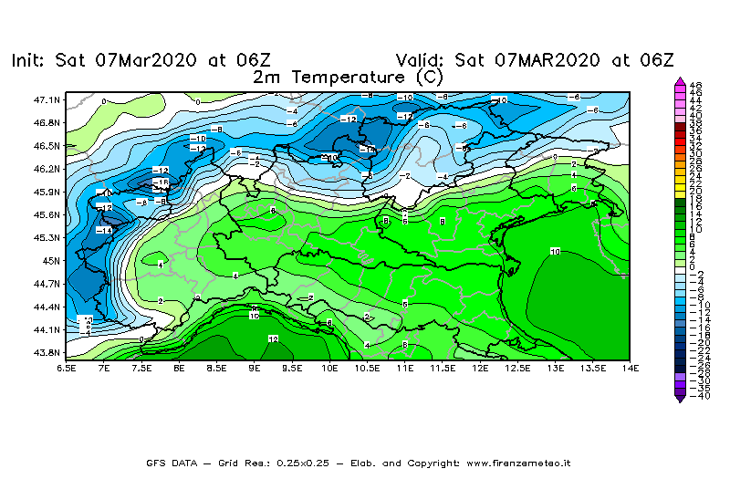 Mappa di analisi GFS - Temperatura a 2 metri dal suolo [°C] in Nord-Italia
							del 07/03/2020 06 <!--googleoff: index-->UTC<!--googleon: index-->
