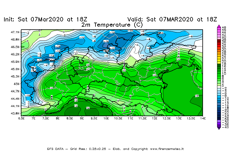 Mappa di analisi GFS - Temperatura a 2 metri dal suolo [°C] in Nord-Italia
							del 07/03/2020 18 <!--googleoff: index-->UTC<!--googleon: index-->