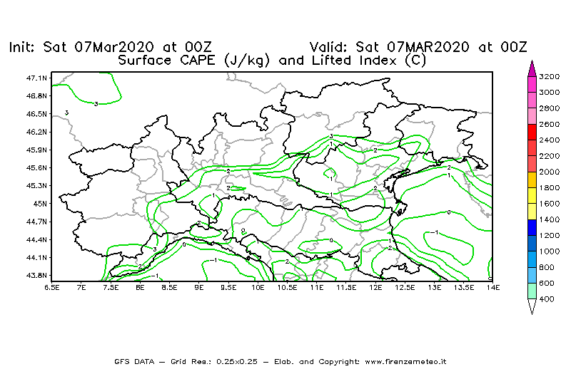 Mappa di analisi GFS - CAPE [J/kg] e Lifted Index [°C] in Nord-Italia
							del 07/03/2020 00 <!--googleoff: index-->UTC<!--googleon: index-->