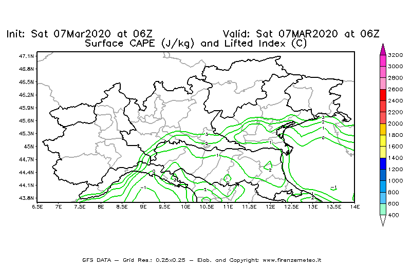 Mappa di analisi GFS - CAPE [J/kg] e Lifted Index [°C] in Nord-Italia
							del 07/03/2020 06 <!--googleoff: index-->UTC<!--googleon: index-->