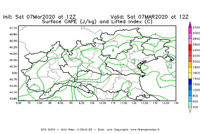 Mappa di analisi GFS - CAPE [J/kg] e Lifted Index [°C] in Nord-Italia
							del 07/03/2020 12 <!--googleoff: index-->UTC<!--googleon: index-->