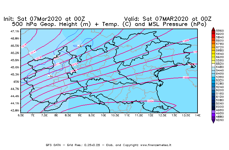 Mappa di analisi GFS - Geopotenziale [m] + Temp. [°C] a 500 hPa + Press. a livello del mare [hPa] in Nord-Italia
							del 07/03/2020 00 <!--googleoff: index-->UTC<!--googleon: index-->