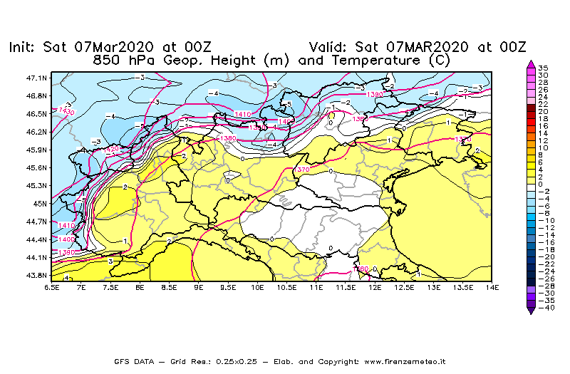 Mappa di analisi GFS - Geopotenziale [m] e Temperatura [°C] a 850 hPa in Nord-Italia
							del 07/03/2020 00 <!--googleoff: index-->UTC<!--googleon: index-->