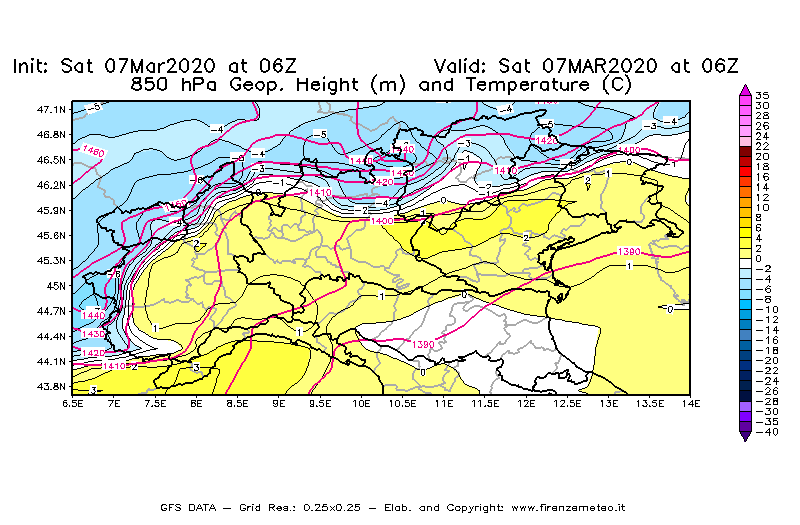 Mappa di analisi GFS - Geopotenziale [m] e Temperatura [°C] a 850 hPa in Nord-Italia
							del 07/03/2020 06 <!--googleoff: index-->UTC<!--googleon: index-->