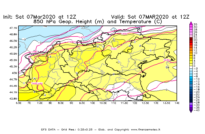 Mappa di analisi GFS - Geopotenziale [m] e Temperatura [°C] a 850 hPa in Nord-Italia
							del 07/03/2020 12 <!--googleoff: index-->UTC<!--googleon: index-->