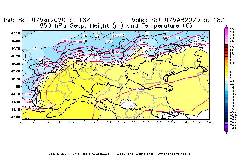 Mappa di analisi GFS - Geopotenziale [m] e Temperatura [°C] a 850 hPa in Nord-Italia
							del 07/03/2020 18 <!--googleoff: index-->UTC<!--googleon: index-->