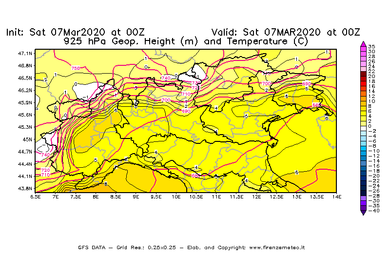 Mappa di analisi GFS - Geopotenziale [m] e Temperatura [°C] a 925 hPa in Nord-Italia
							del 07/03/2020 00 <!--googleoff: index-->UTC<!--googleon: index-->