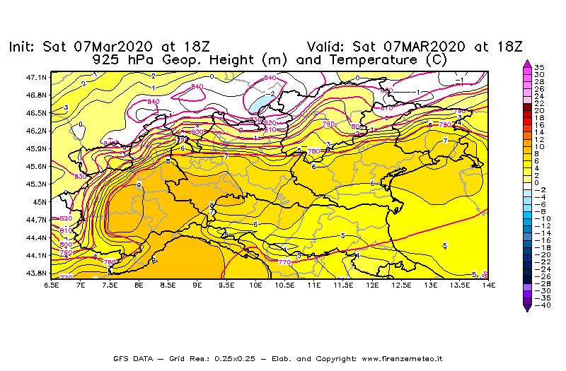 Mappa di analisi GFS - Geopotenziale [m] e Temperatura [°C] a 925 hPa in Nord-Italia
							del 07/03/2020 18 <!--googleoff: index-->UTC<!--googleon: index-->