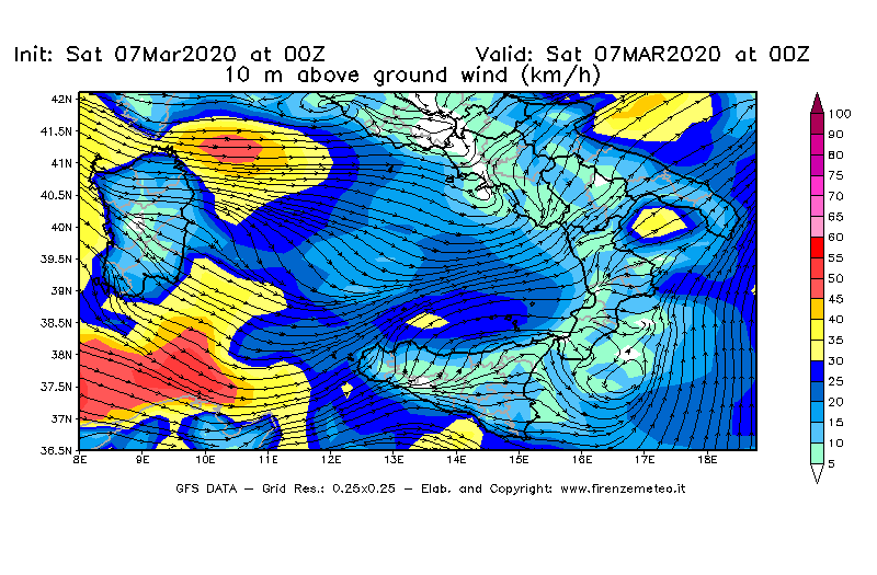 Mappa di analisi GFS - Velocità del vento a 10 metri dal suolo [km/h] in Sud-Italia
							del 07/03/2020 00 <!--googleoff: index-->UTC<!--googleon: index-->
