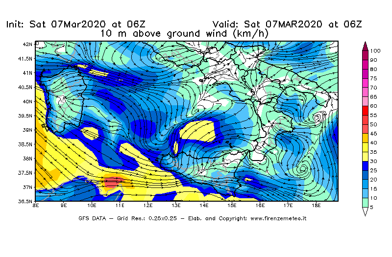 Mappa di analisi GFS - Velocità del vento a 10 metri dal suolo [km/h] in Sud-Italia
							del 07/03/2020 06 <!--googleoff: index-->UTC<!--googleon: index-->