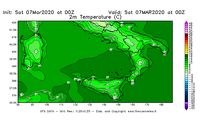 Mappa di analisi GFS - Temperatura a 2 metri dal suolo [°C] in Sud-Italia
							del 07/03/2020 00 <!--googleoff: index-->UTC<!--googleon: index-->
