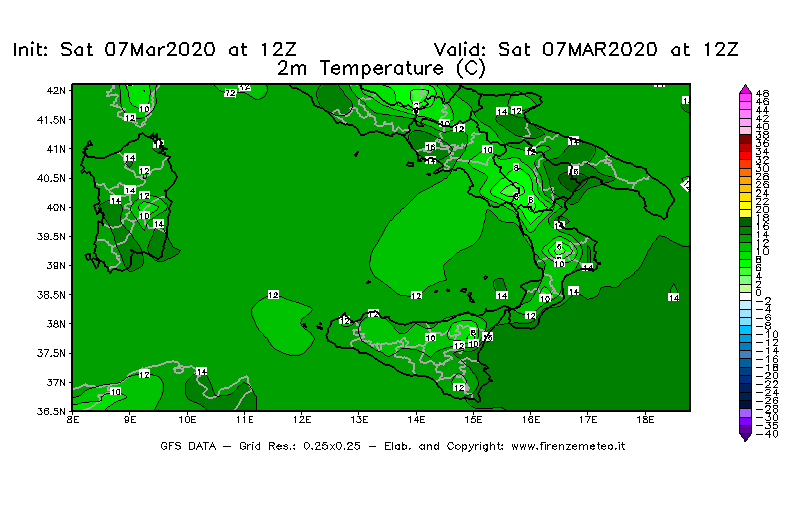 Mappa di analisi GFS - Temperatura a 2 metri dal suolo [°C] in Sud-Italia
							del 07/03/2020 12 <!--googleoff: index-->UTC<!--googleon: index-->