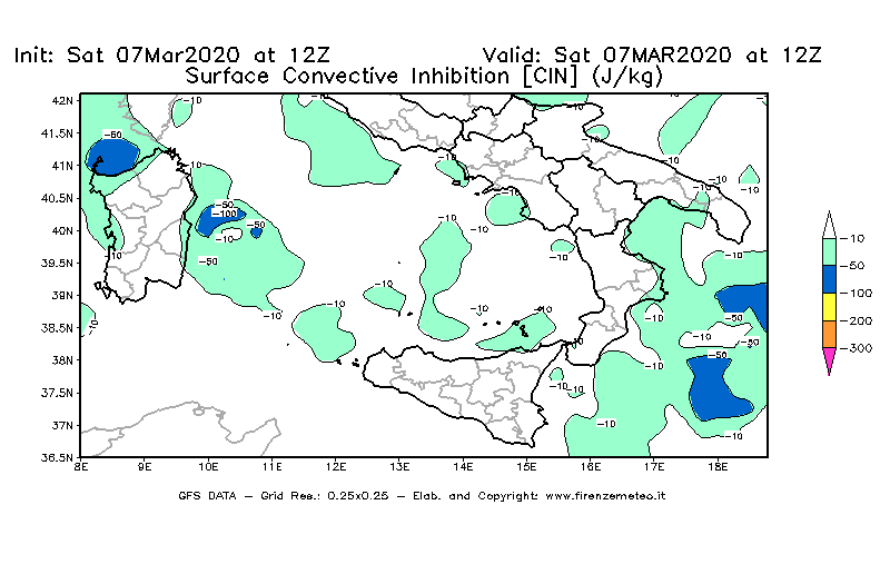 Mappa di analisi GFS - CIN [J/kg] in Sud-Italia
							del 07/03/2020 12 <!--googleoff: index-->UTC<!--googleon: index-->