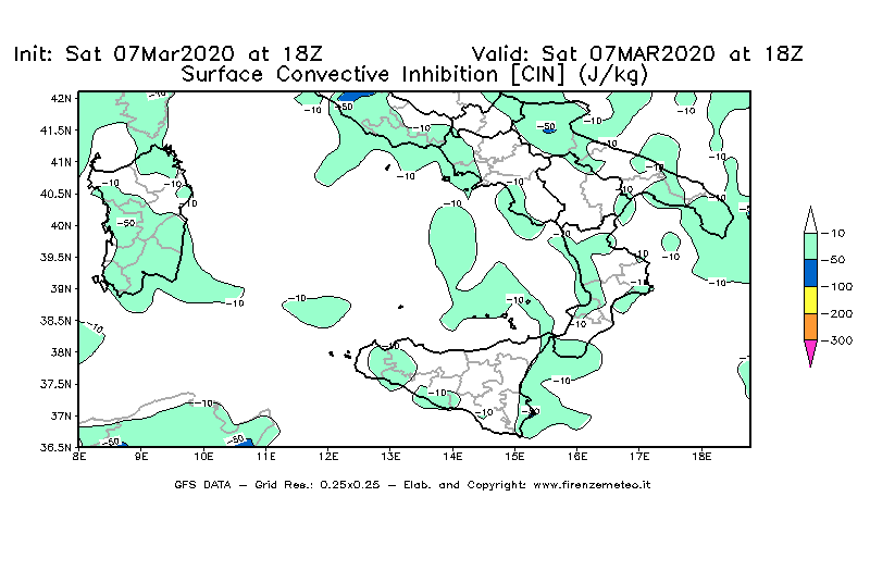 Mappa di analisi GFS - CIN [J/kg] in Sud-Italia
							del 07/03/2020 18 <!--googleoff: index-->UTC<!--googleon: index-->