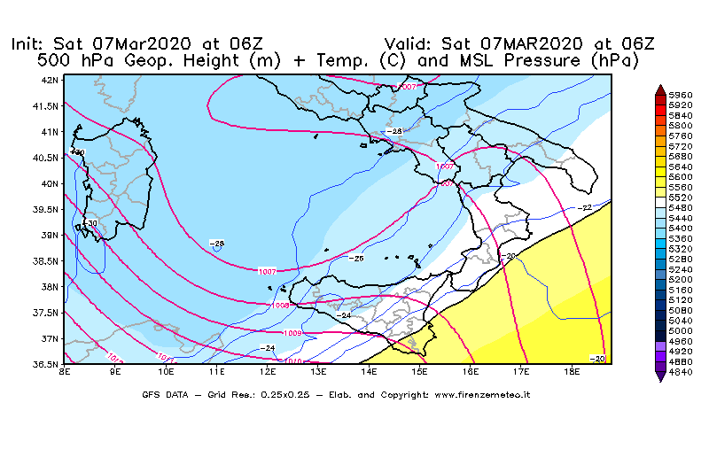 Mappa di analisi GFS - Geopotenziale [m] + Temp. [°C] a 500 hPa + Press. a livello del mare [hPa] in Sud-Italia
							del 07/03/2020 06 <!--googleoff: index-->UTC<!--googleon: index-->