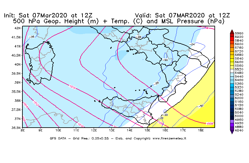 Mappa di analisi GFS - Geopotenziale [m] + Temp. [°C] a 500 hPa + Press. a livello del mare [hPa] in Sud-Italia
							del 07/03/2020 12 <!--googleoff: index-->UTC<!--googleon: index-->