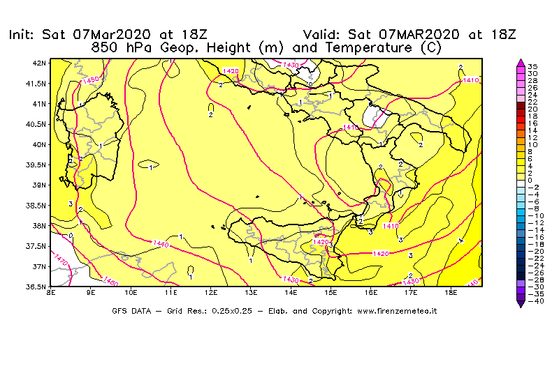 Mappa di analisi GFS - Geopotenziale [m] e Temperatura [°C] a 850 hPa in Sud-Italia
							del 07/03/2020 18 <!--googleoff: index-->UTC<!--googleon: index-->