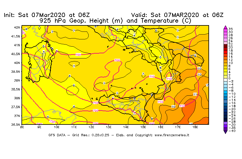 Mappa di analisi GFS - Geopotenziale [m] e Temperatura [°C] a 925 hPa in Sud-Italia
							del 07/03/2020 06 <!--googleoff: index-->UTC<!--googleon: index-->