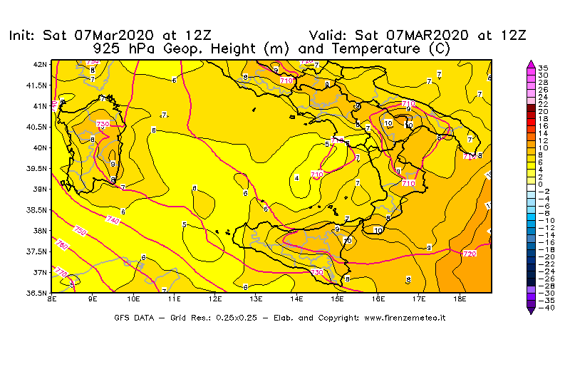 Mappa di analisi GFS - Geopotenziale [m] e Temperatura [°C] a 925 hPa in Sud-Italia
							del 07/03/2020 12 <!--googleoff: index-->UTC<!--googleon: index-->