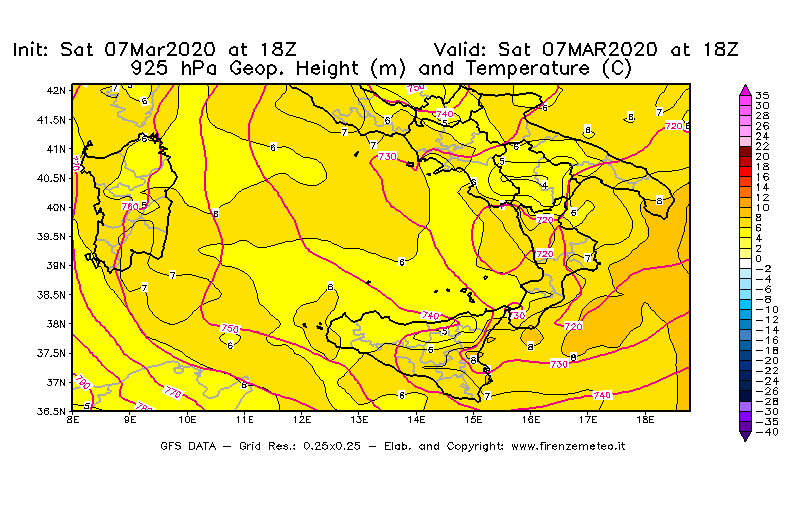 Mappa di analisi GFS - Geopotenziale [m] e Temperatura [°C] a 925 hPa in Sud-Italia
							del 07/03/2020 18 <!--googleoff: index-->UTC<!--googleon: index-->