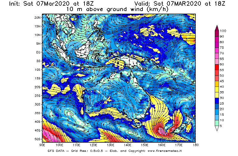 Mappa di analisi GFS - Velocità del vento a 10 metri dal suolo [km/h] in Oceania
							del 07/03/2020 18 <!--googleoff: index-->UTC<!--googleon: index-->