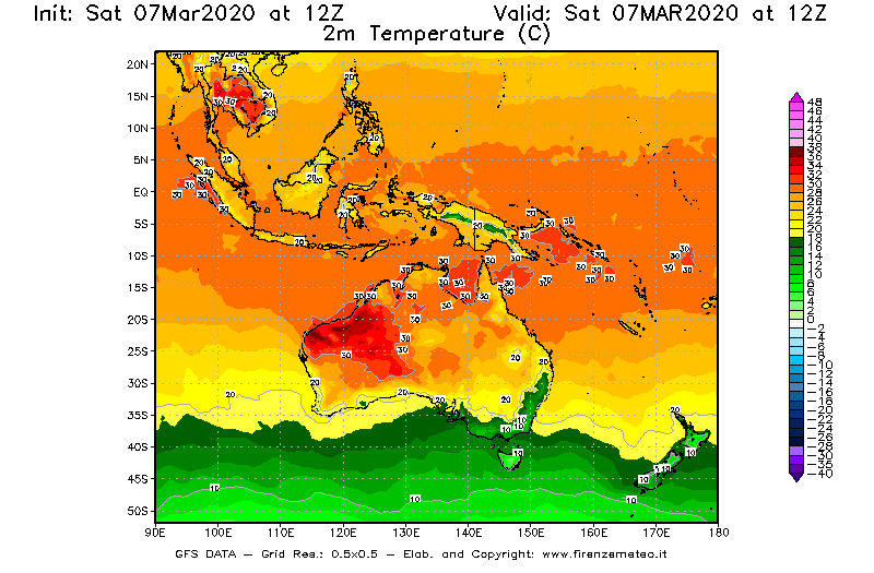 Mappa di analisi GFS - Temperatura a 2 metri dal suolo [°C] in Oceania
							del 07/03/2020 12 <!--googleoff: index-->UTC<!--googleon: index-->