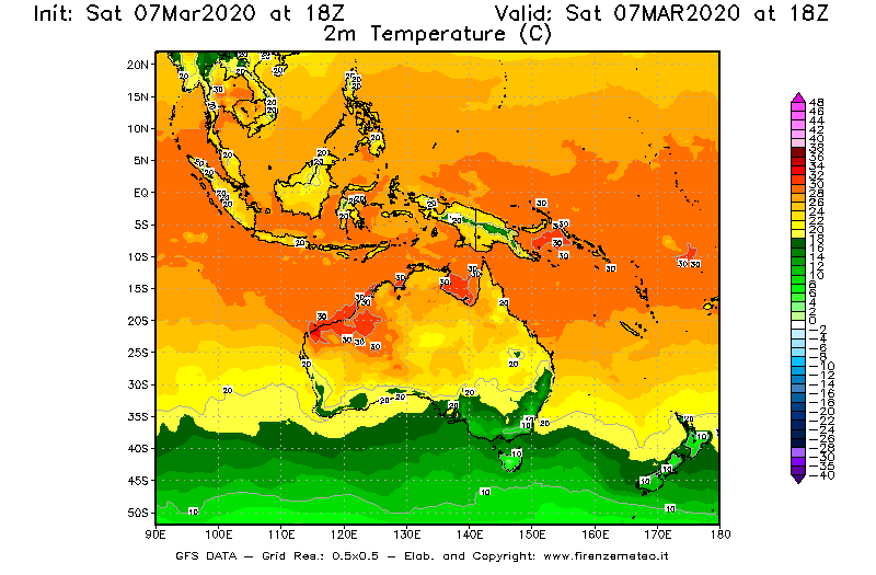 Mappa di analisi GFS - Temperatura a 2 metri dal suolo [°C] in Oceania
							del 07/03/2020 18 <!--googleoff: index-->UTC<!--googleon: index-->