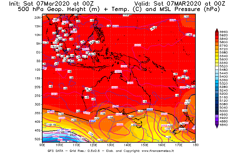 Mappa di analisi GFS - Geopotenziale [m] + Temp. [°C] a 500 hPa + Press. a livello del mare [hPa] in Oceania
							del 07/03/2020 00 <!--googleoff: index-->UTC<!--googleon: index-->