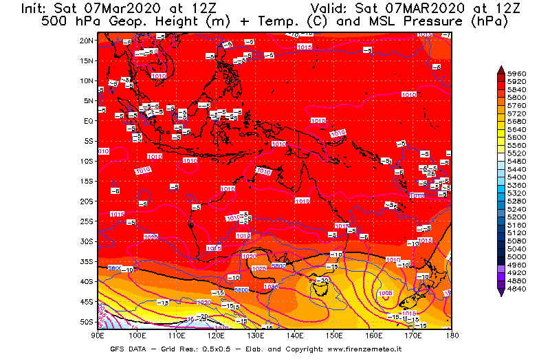 Mappa di analisi GFS - Geopotenziale [m] + Temp. [°C] a 500 hPa + Press. a livello del mare [hPa] in Oceania
							del 07/03/2020 12 <!--googleoff: index-->UTC<!--googleon: index-->