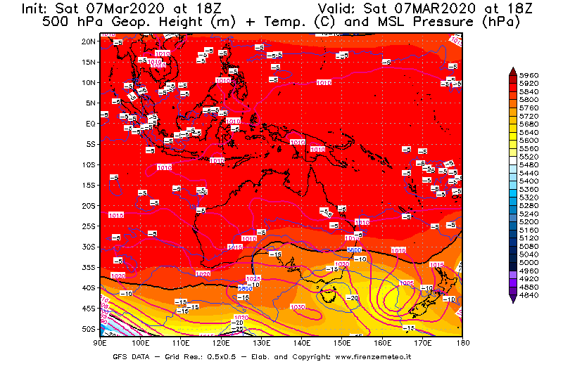 Mappa di analisi GFS - Geopotenziale [m] + Temp. [°C] a 500 hPa + Press. a livello del mare [hPa] in Oceania
							del 07/03/2020 18 <!--googleoff: index-->UTC<!--googleon: index-->