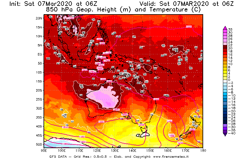 Mappa di analisi GFS - Geopotenziale [m] e Temperatura [°C] a 850 hPa in Oceania
							del 07/03/2020 06 <!--googleoff: index-->UTC<!--googleon: index-->