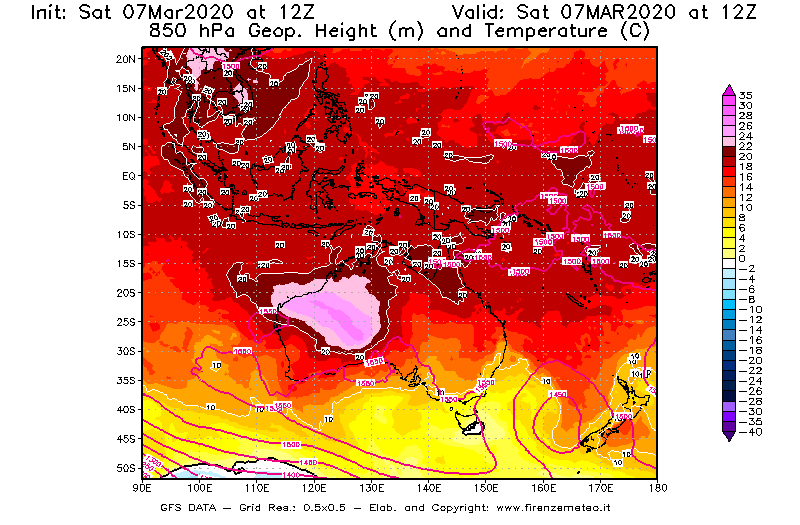 Mappa di analisi GFS - Geopotenziale [m] e Temperatura [°C] a 850 hPa in Oceania
							del 07/03/2020 12 <!--googleoff: index-->UTC<!--googleon: index-->