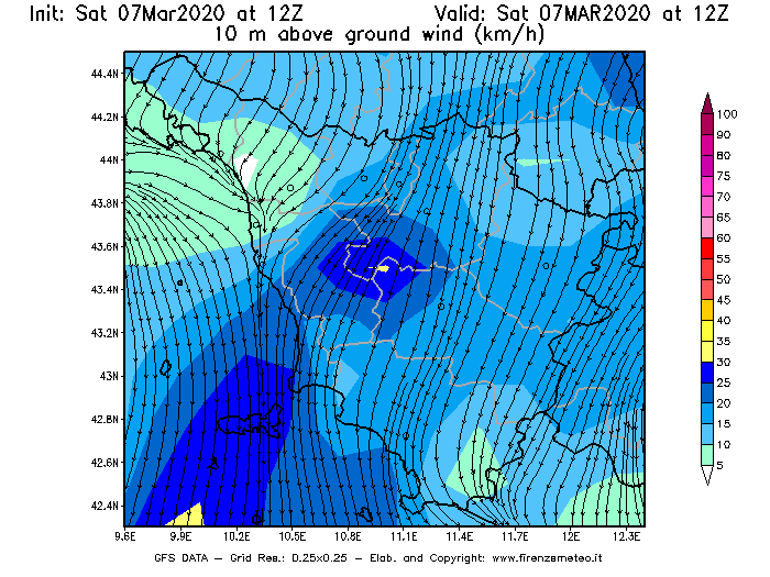 Mappa di analisi GFS - Velocità del vento a 10 metri dal suolo [km/h] in Toscana
							del 07/03/2020 12 <!--googleoff: index-->UTC<!--googleon: index-->