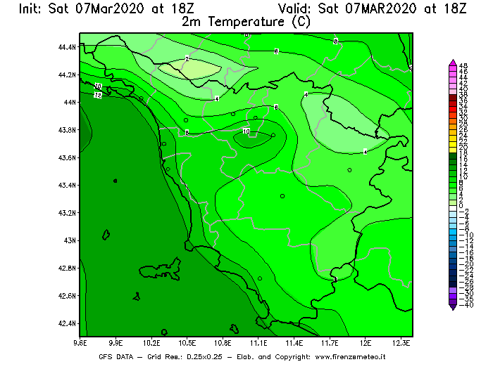 Mappa di analisi GFS - Temperatura a 2 metri dal suolo [°C] in Toscana
							del 07/03/2020 18 <!--googleoff: index-->UTC<!--googleon: index-->