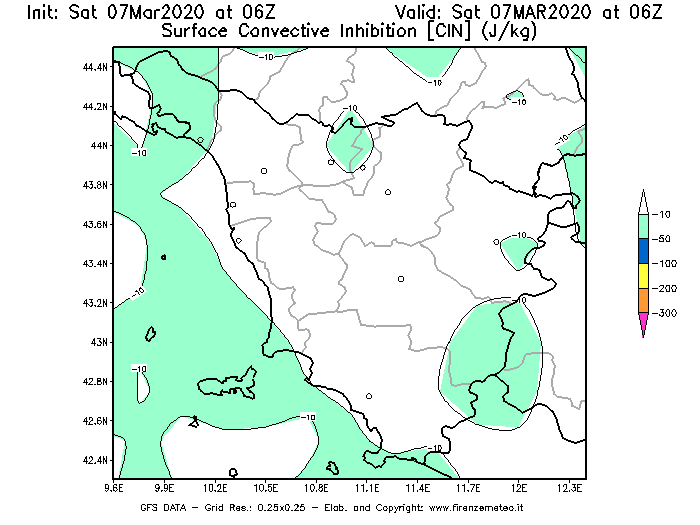 Mappa di analisi GFS - CIN [J/kg] in Toscana
							del 07/03/2020 06 <!--googleoff: index-->UTC<!--googleon: index-->