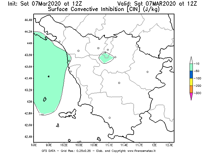 Mappa di analisi GFS - CIN [J/kg] in Toscana
							del 07/03/2020 12 <!--googleoff: index-->UTC<!--googleon: index-->