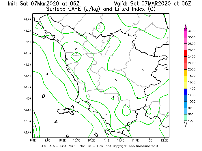 Mappa di analisi GFS - CAPE [J/kg] e Lifted Index [°C] in Toscana
							del 07/03/2020 06 <!--googleoff: index-->UTC<!--googleon: index-->