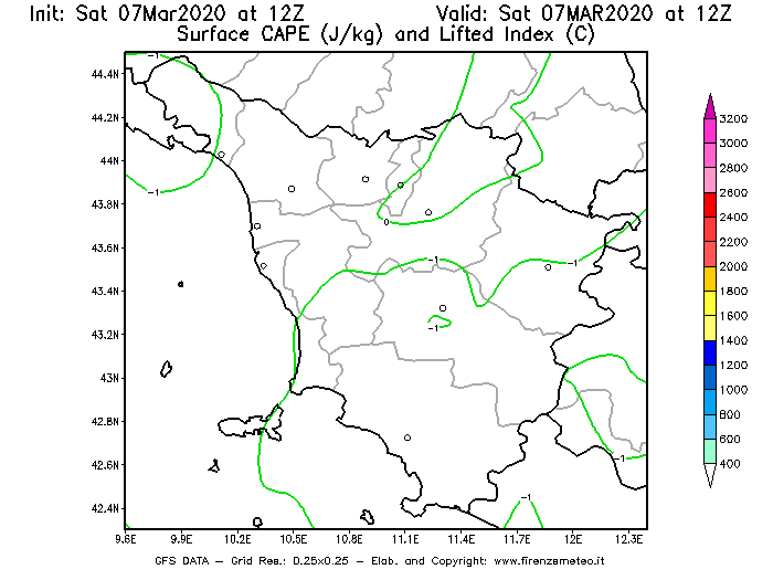 Mappa di analisi GFS - CAPE [J/kg] e Lifted Index [°C] in Toscana
							del 07/03/2020 12 <!--googleoff: index-->UTC<!--googleon: index-->