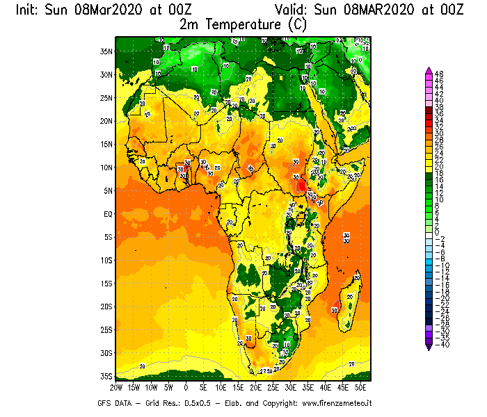 Mappa di analisi GFS - Temperatura a 2 metri dal suolo [°C] in Africa
							del 08/03/2020 00 <!--googleoff: index-->UTC<!--googleon: index-->