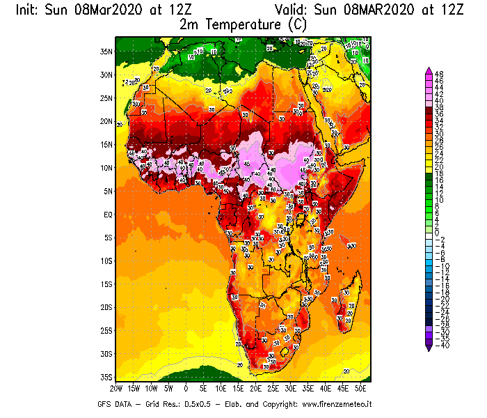 Mappa di analisi GFS - Temperatura a 2 metri dal suolo [°C] in Africa
							del 08/03/2020 12 <!--googleoff: index-->UTC<!--googleon: index-->