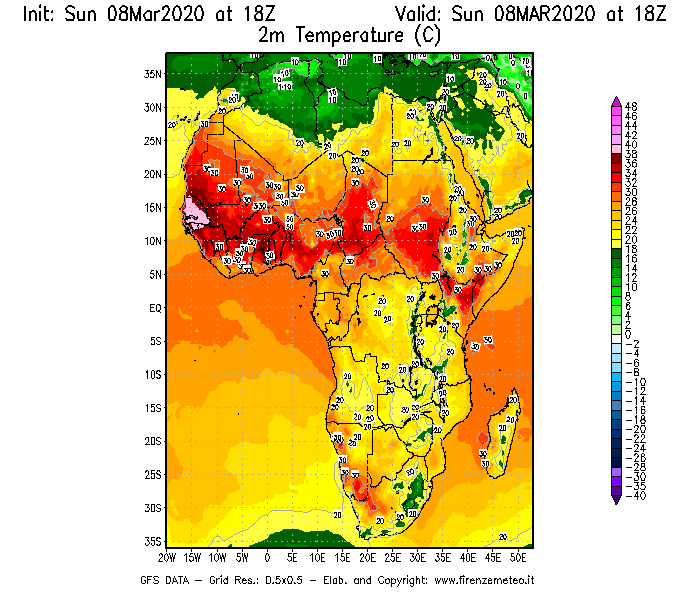 Mappa di analisi GFS - Temperatura a 2 metri dal suolo [°C] in Africa
							del 08/03/2020 18 <!--googleoff: index-->UTC<!--googleon: index-->