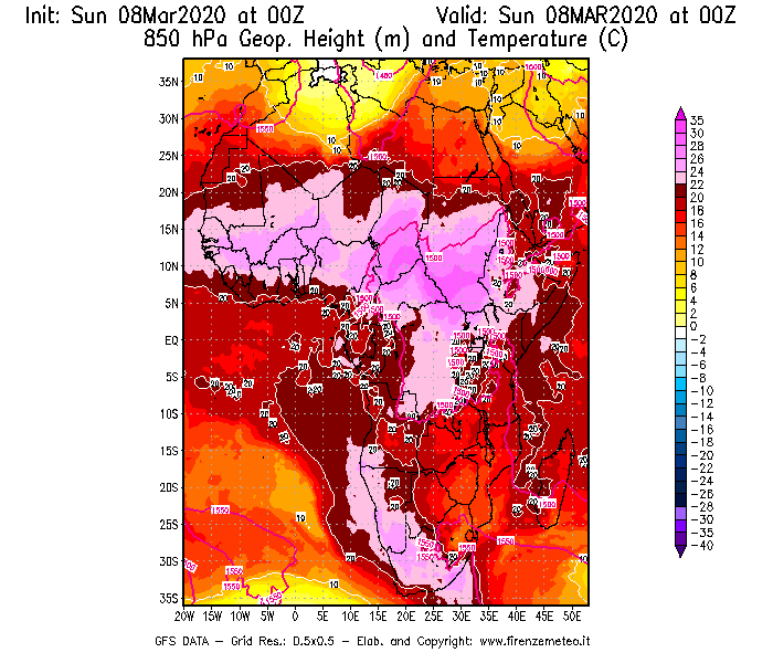 Mappa di analisi GFS - Geopotenziale [m] e Temperatura [°C] a 850 hPa in Africa
							del 08/03/2020 00 <!--googleoff: index-->UTC<!--googleon: index-->